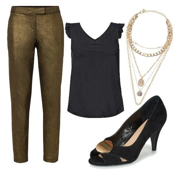 Outfit donna - Nero e oro. Stile Chic per Serata fuori. Abbinamento con top, pantaloni, collane, décolleté.