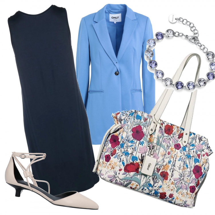 Outfit donna - My shopping bag. Stile Casual chic per Ufficio. Abbinamento con décolleté, blazer, braccialetti, vestiti senza maniche, shopping bag.