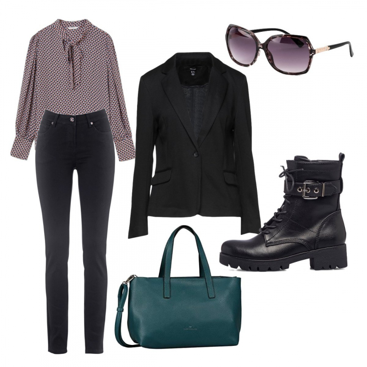 Outfit donna - Serious, not so serious. Stile Rock per Ufficio. Abbinamento con jeans dritti, occhiali da sole, blazer, bluse, anfibi, borse tote.