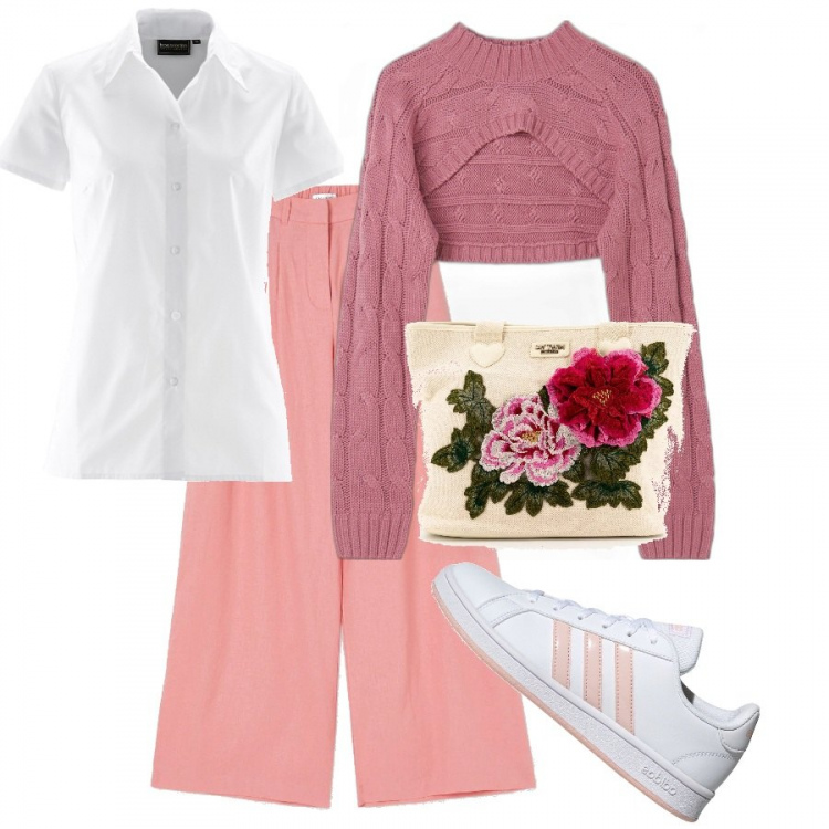 Outfit donna - Inviata colorata e rilassata haha. Stile Preppy per Tutti i giorni. Abbinamento con camicie a manica corta, borse a mano, bolero, pantaloni a palazzo, sneakers.