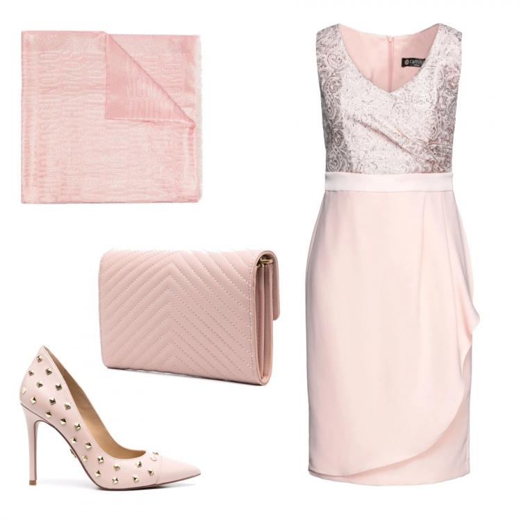 Outfit donna - Cerimonia in rosa. Stile Glamour per Cerimonia. Abbinamento con vestiti midi/longuette, sciarpe, décolleté, borse a tracolla.