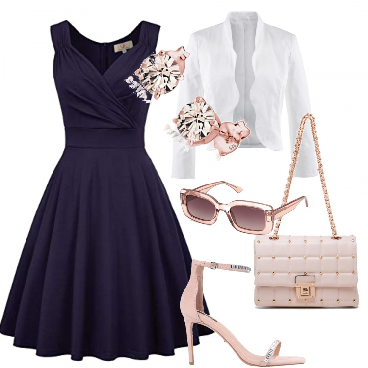 Outfit donna - Festa di laurea. Stile Bon Ton per Cerimonia. Abbinamento con blazer, sandali col tacco, occhiali da sole, borse a tracolla, vestiti senza maniche, orecchini.