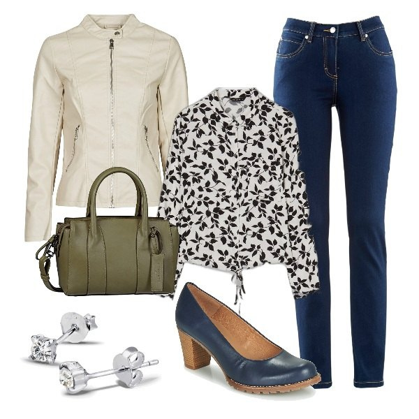 Outfit donna - Dalla mattina alla sera. Stile Trendy per Tutti i giorni. Abbinamento con jeans dritti, décolleté, giacche, camicie, orecchini, shopping bag.