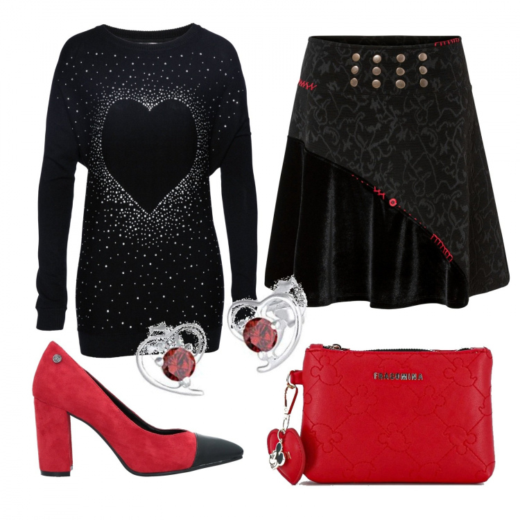 Outfit donna - Cuore romantico. Stile Romantica per Scuola/Università. Abbinamento con pullovers, gonne, décolleté, pochette, orecchini.