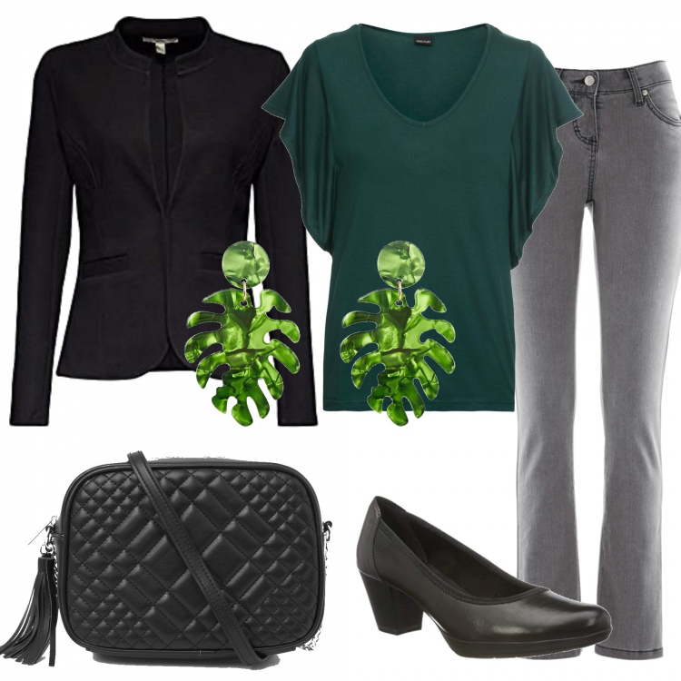 Outfit donna - Total look #1317978. Stile Urban per Serata fuori. Abbinamento con jeans slim fit, maglieria, orecchini, borse a tracolla, scarpe col tacco, blazer.