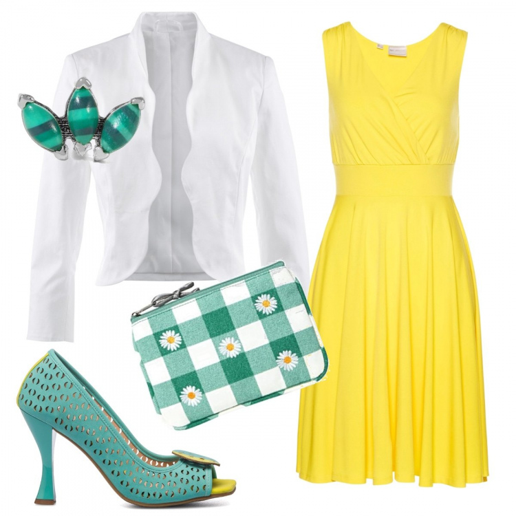 Outfit donna - La delicatezza delle margherite. Stile Romantica per Cerimonia. Abbinamento con blazer, vestiti, orecchini, décolleté, borse a mano.