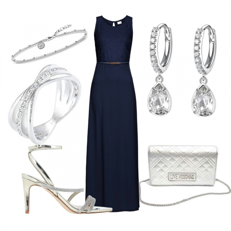 Outfit donna - Cerimonia in blu e argento. Stile Chic per Cerimonia. Abbinamento con vestiti lunghi, sandali col tacco, orecchini, borse a spalla, braccialetti, anelli.