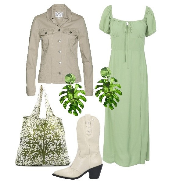 Outfit donna - Il verde dei prati. Stile Casual per Tutti i giorni. Abbinamento con blazer, stivaletti, vestiti midi/longuette, orecchini, borse tote.