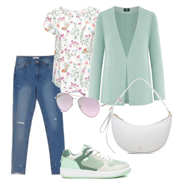 Outfit donna - Outfit con il jeans. Stile Casual per Tutti i giorni. Abbinamento con bluse, sneakers, occhiali da sole, jeans skinny, borse a spalla, blazer.