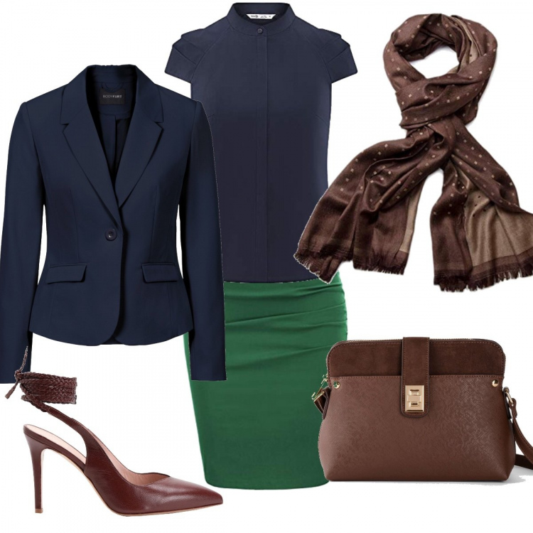 Outfit donna - Earthday22 colori della Terra. Stile Chic per Ufficio. Abbinamento con blazer, borse a tracolla, décolleté, camicie a manica corta, minigonne, sciarpe.