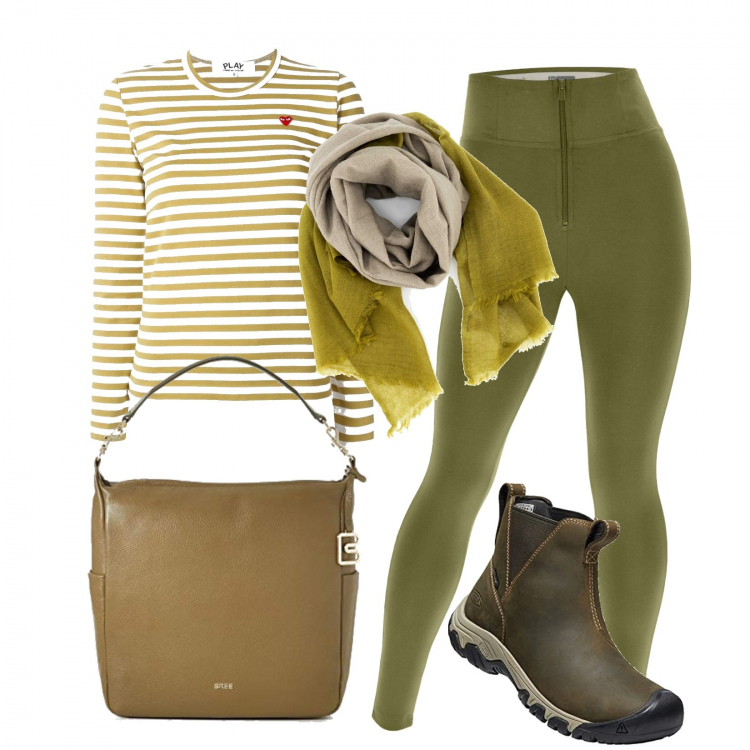 Outfit donna - Verde oliva. Stile Basic per Scuola/Università. Abbinamento con pantaloni skinny, sciarpe, t-shirt, stivali da neve, zaini.