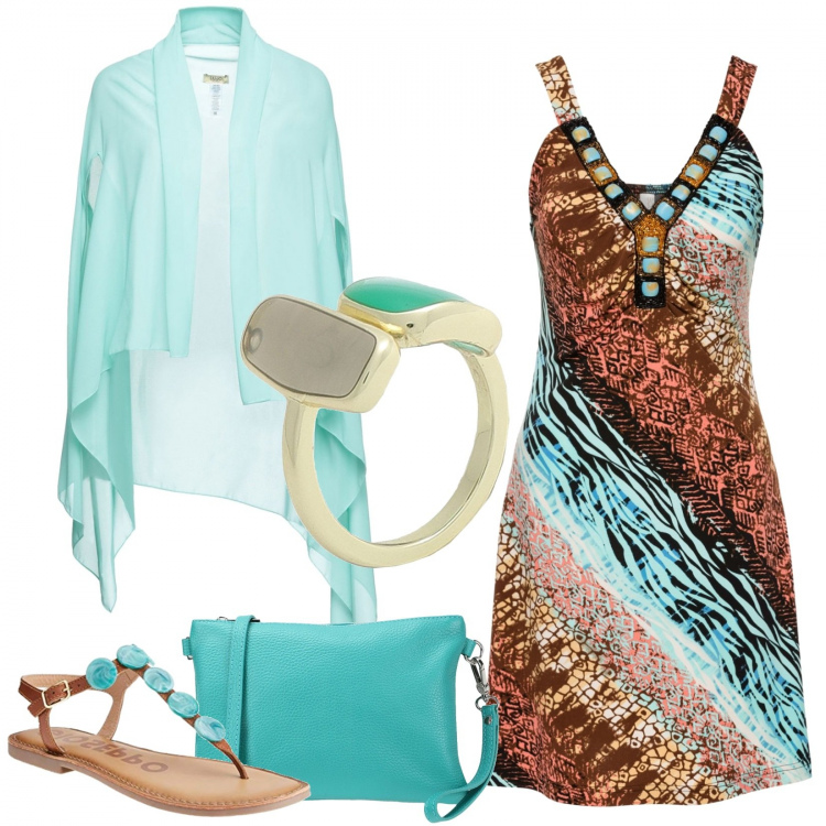 Outfit donna - Etnico con stile. Stile Etnico per Serata fuori. Abbinamento con vestiti, cardigans, borse a mano, anelli, sandali.