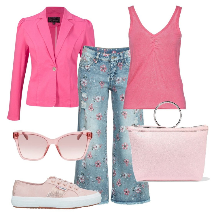 Outfit donna - Compagni di banco. Stile Trendy per Scuola/Università. Abbinamento con sneakers, top, borse a mano, camicie a manica corta, jeans, occhiali da sole.