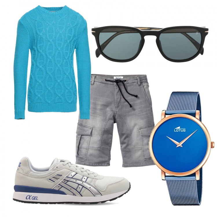 Outfit uomo - Iniziamo a scoprire le gambe. Stile Casual per Tutti i giorni. Abbinamento con bermuda, pullovers, occhiali da sole, sneakers, orologi analogici.