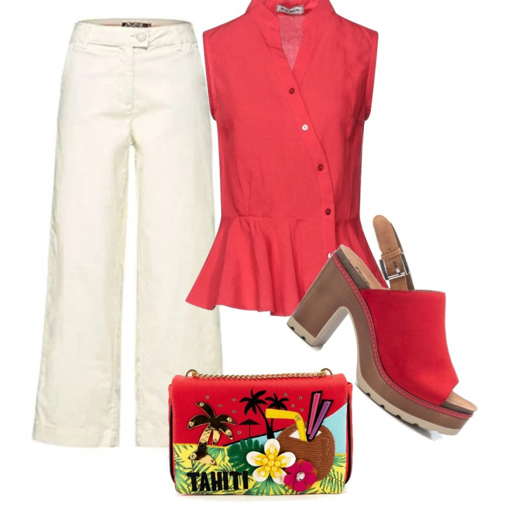 Outfit donna - Estate 22. Stile Basic per Tutti i giorni. Abbinamento con camicie, sandali in pelle, borse a tracolla, pantaloni.