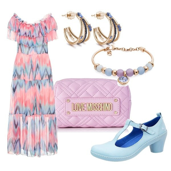 Outfit donna - Battesimo curvy. Stile Romantica per Cerimonia. Abbinamento con vestiti lunghi, orecchini, braccialetti, scarpe col tacco, borse a mano.