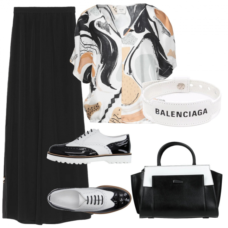 Outfit donna - Il pantalone che voleva essere una gonna. Stile Casual per Tutti i giorni. Abbinamento con scarpe stringate, pantaloni, bluse, borse a mano, braccialetti.