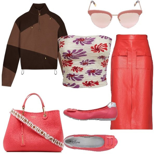 Outfit donna - La gonna di pelle. Stile Trendy per Mare. Abbinamento con ballerine, gonne longuette, borse tote, felpe, occhiali da sole, top.