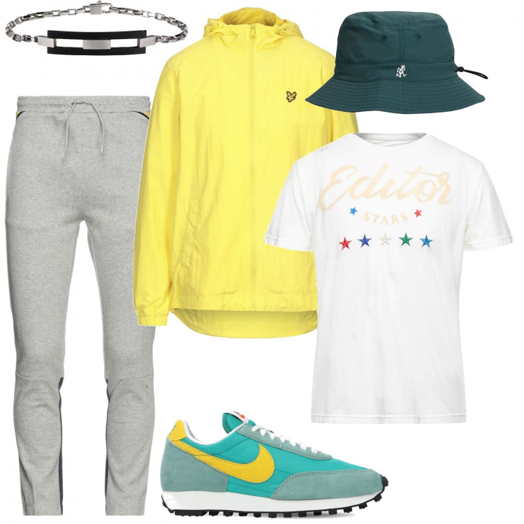 Outfit uomo - Total look #1319413. Stile Casual per Tutti i giorni. Abbinamento con giacche, pantaloni, t-shirt, braccialetti, sneakers, cappelli.