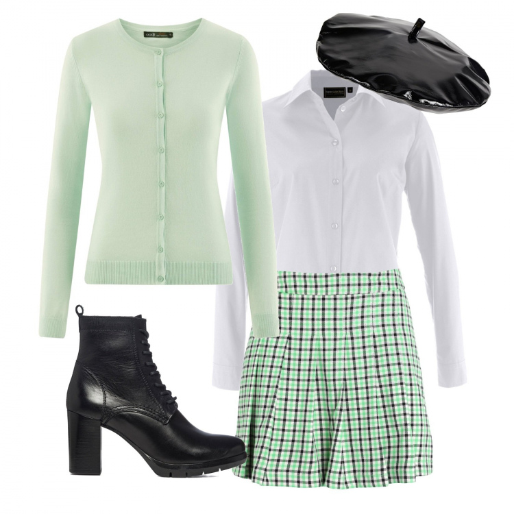 Outfit donna - College. Stile Preppy per Scuola/Università. Abbinamento con camicie, cappelli, minigonne, scarpe stringate, cardigans.