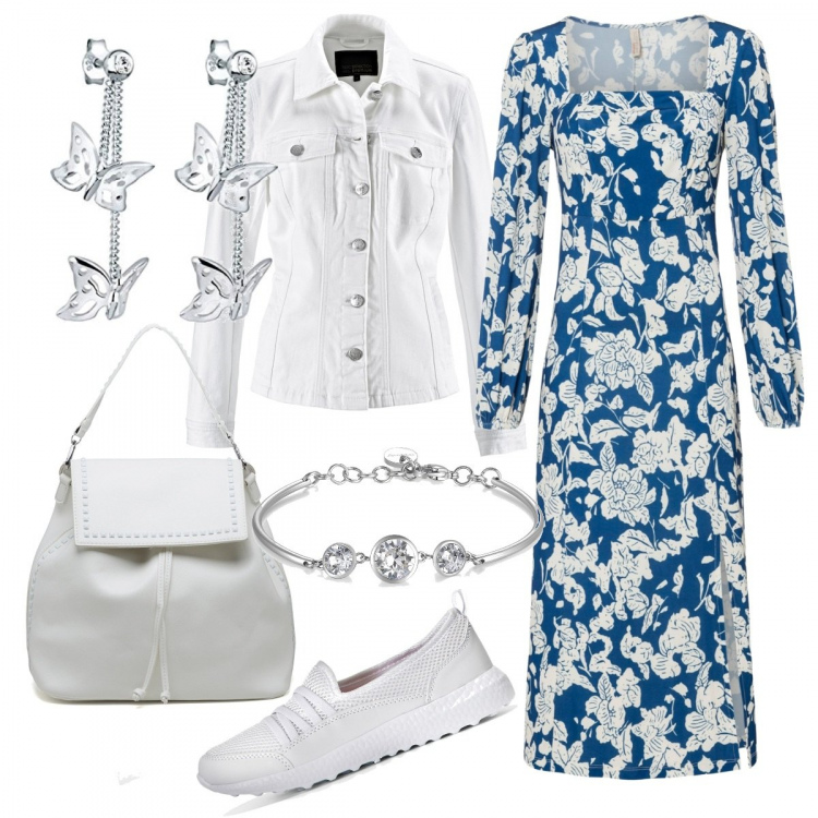 Outfit donna - Femminile. Stile Casual per Tutti i giorni. Abbinamento con sneakers, vestiti midi/longuette, blazer, braccialetti, zaini, orecchini.