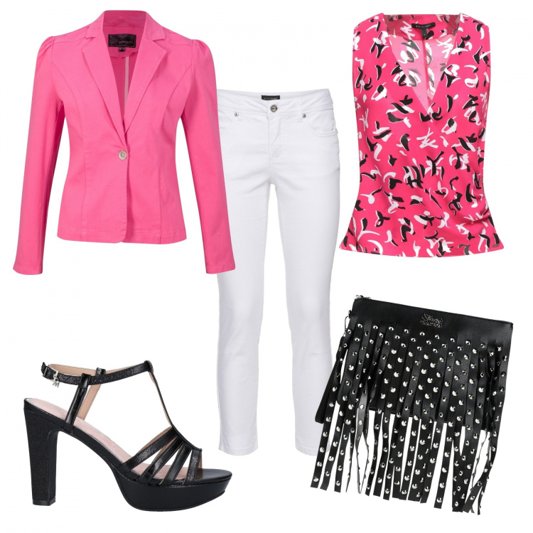 Outfit donna - Serata fashion. Stile Glamour per Serata fuori. look ideale per Tall. Abbinamento con top, sandali col tacco, borse a mano, camicie a manica corta, pantaloni.