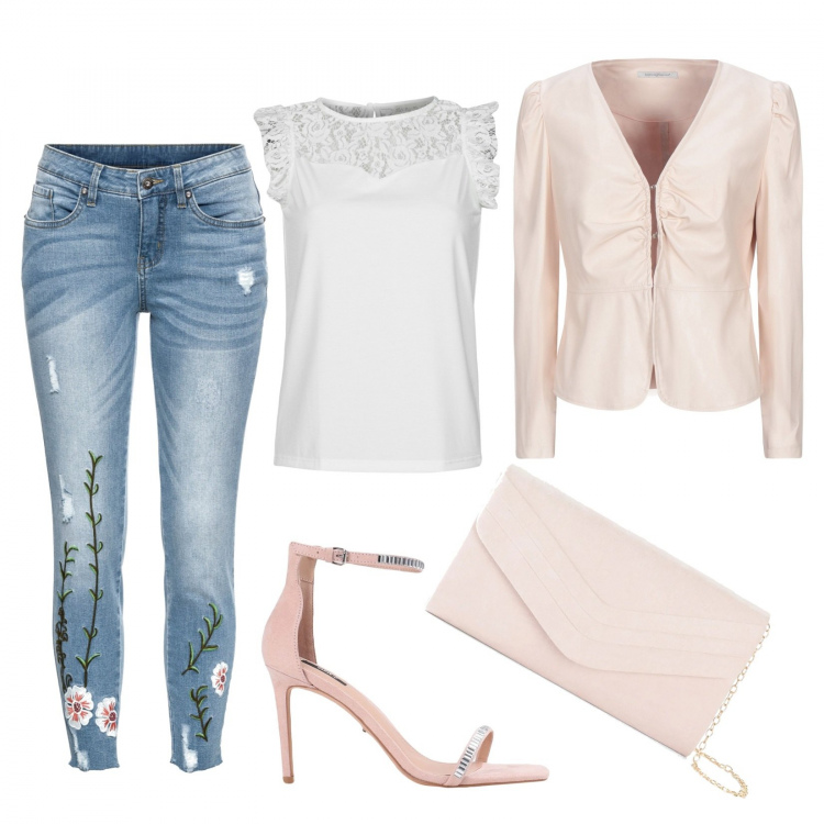 Outfit donna - Jeans ricamo floreale. Stile Casual chic per Serata fuori. look ideale per Tall. Abbinamento con jeans, pochette, blazer, sandali col tacco, camicie.