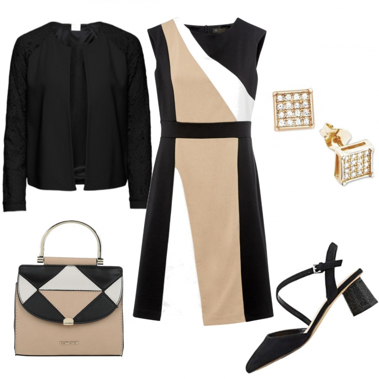 Outfit donna - Color bloc bon ton. Stile Bon Ton per Cerimonia. Abbinamento con blazer, vestiti, borse a mano, scarpe col tacco, orecchini.