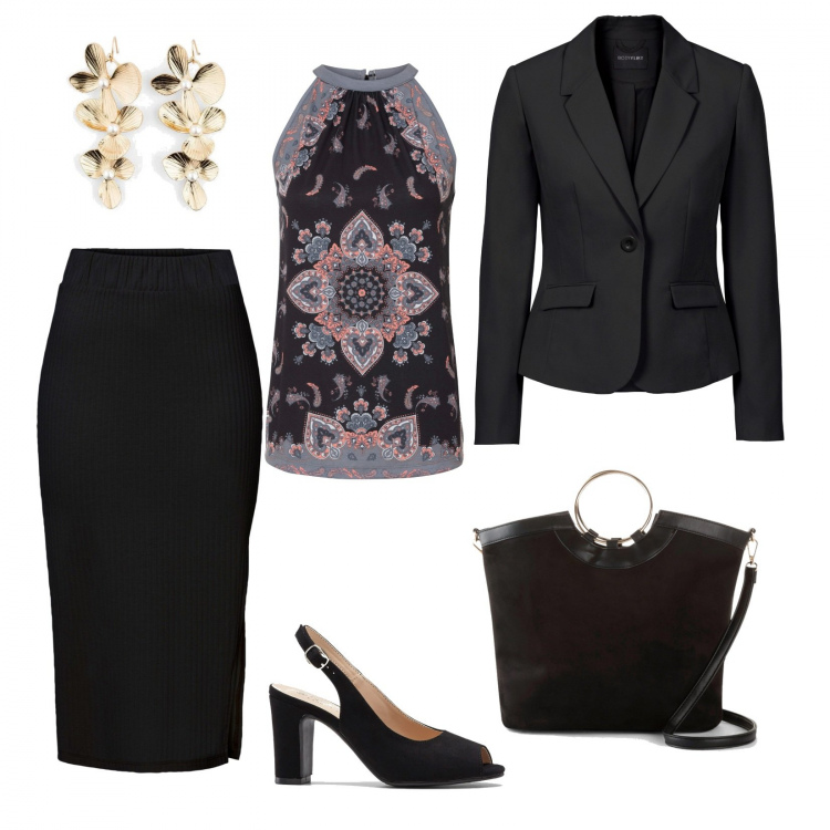 Outfit donna - Una serata a cena fuori. Stile Chic per Serata fuori. Abbinamento con blazer, vestiti, top, gonne, borse a mano, orecchini.