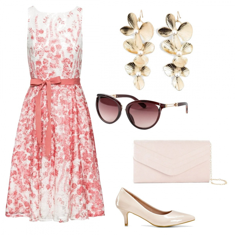 Outfit donna - Cocktail Flower Party. Stile Vintage retrò per Serata fuori. Abbinamento con pochette, occhiali da sole, vestiti midi/longuette, décolleté, orecchini.