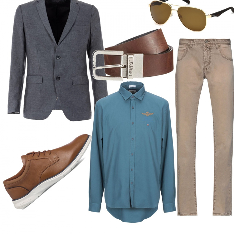 Outfit uomo - Colazione in compagnia. Stile Casual per Tutti i giorni. Abbinamento con giacche, scarpe stringate, camicie, occhiali da sole, pantaloni, cinture.
