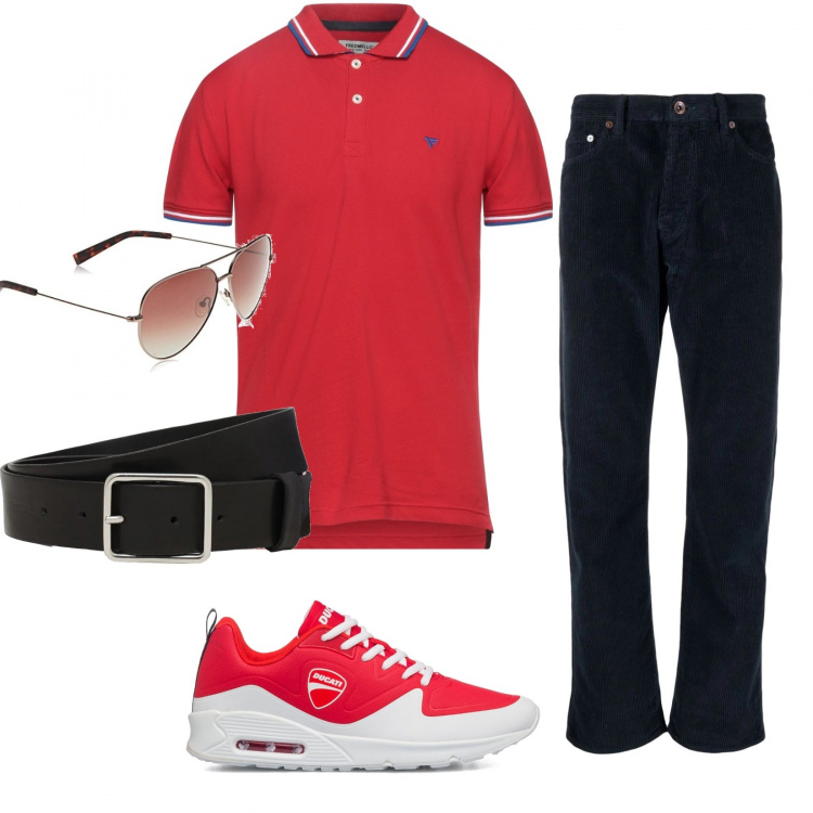 Outfit uomo - Passeggiata lungomare. Stile Casual per Tutti i giorni. Abbinamento con jeans dritti, sneakers, polo, cinture, occhiali da sole.
