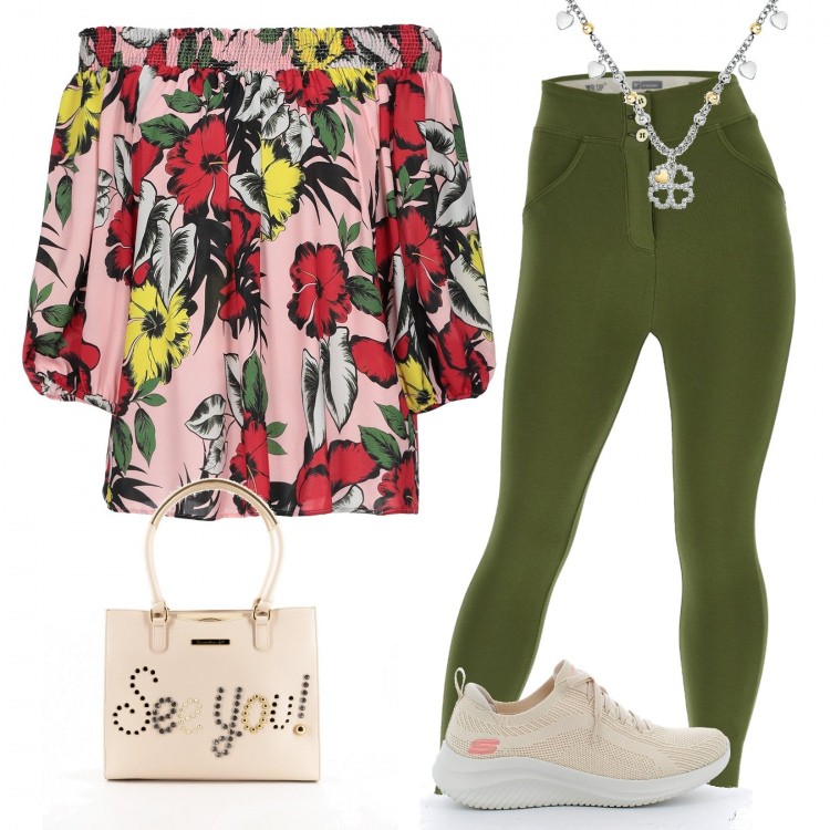 Outfit donna - Sex. Stile Casual chic per Tutti i giorni. Abbinamento con borse a mano, sneakers, pantaloni skinny, bluse, collane.