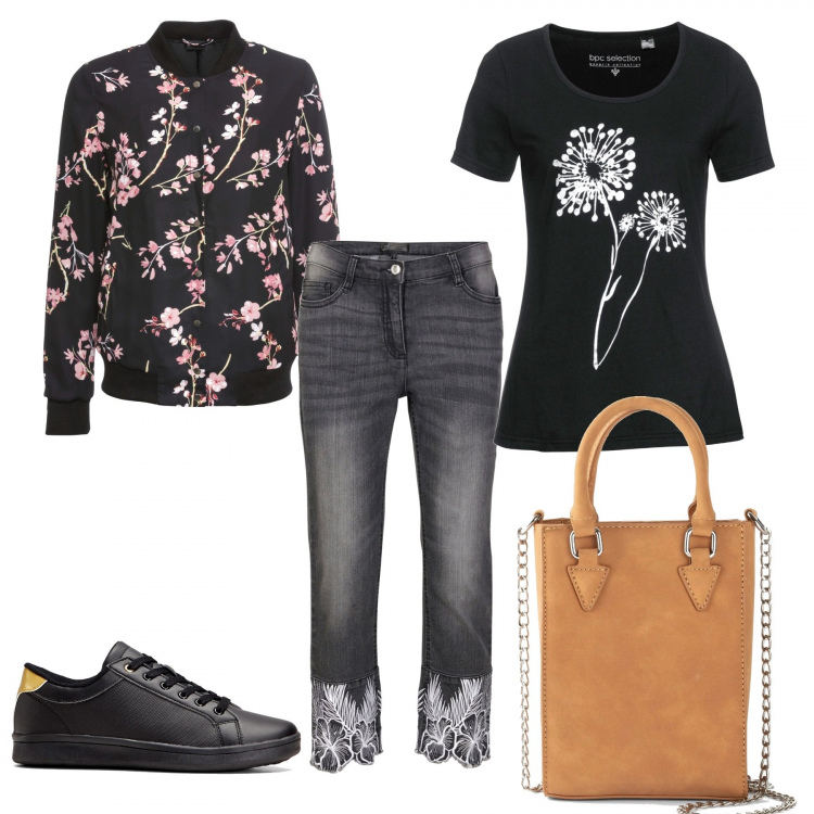 Outfit donna - Black and Flower. Stile Trendy per Tutti i giorni. Abbinamento con bomber, t-shirt, sneakers, jeans, borse a tracolla.