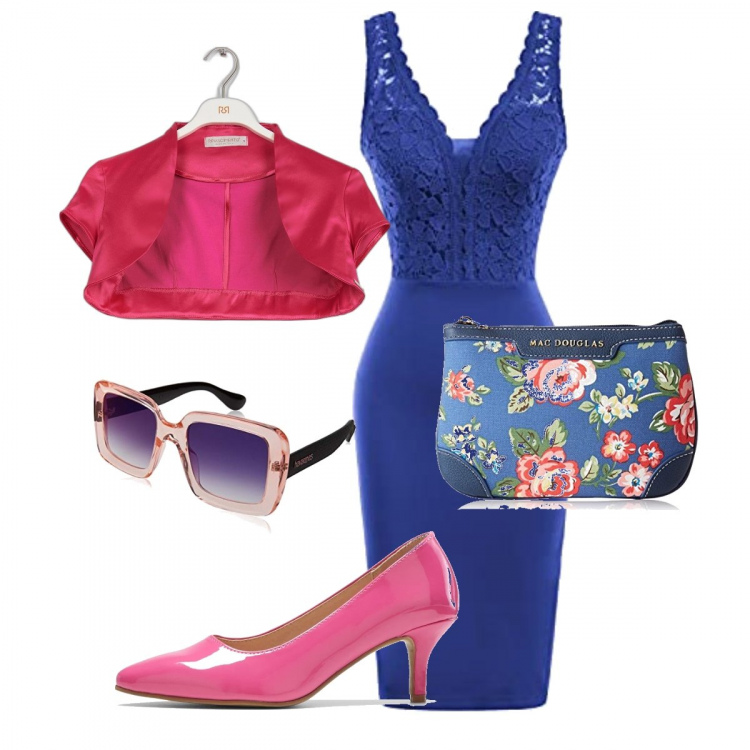 Outfit donna - Cerimonia in indaco e fucsia. Stile Glamour per Cerimonia. Abbinamento con décolleté, bolero, vestiti a tubino, pochette, occhiali da sole.