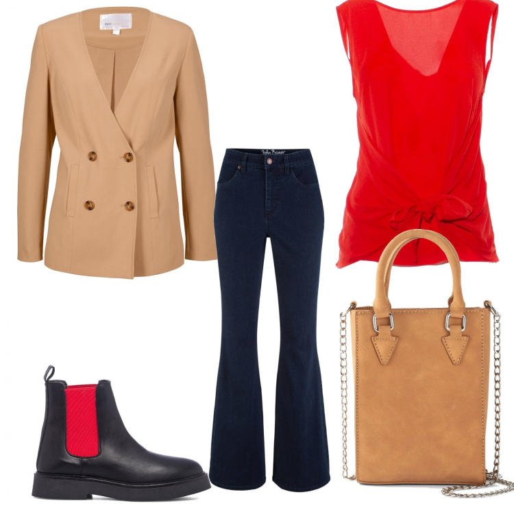 Outfit donna - Grinta e colori. Stile Casual chic per Tutti i giorni. Abbinamento con top, stivaletti, jeans a zampa, borse a tracolla, blazer.