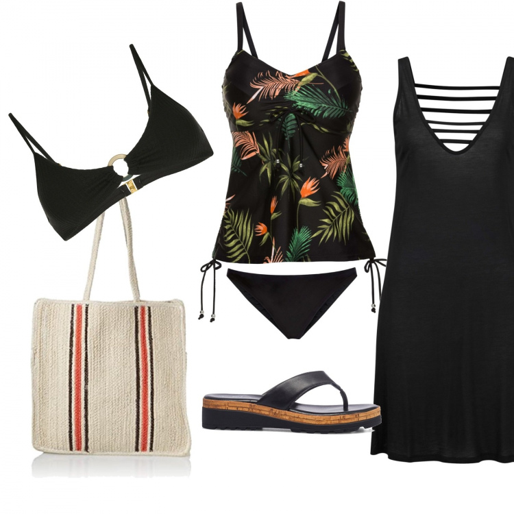 Outfit donna - In spiaggia con classe. Stile Romantica per Mare. Abbinamento con bikini, infradito, vestiti da spiaggia, costumi interi, shopping bag.