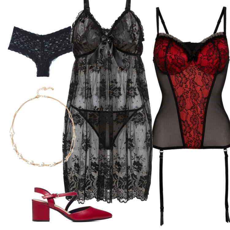Outfit donna - In dolce compagnia. Stile Sexy per Serata fuori. Abbinamento con collane, décolleté, culotte, body, vestaglie.