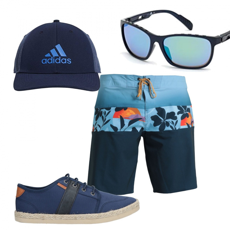 Outfit uomo - Finalmente in spiaggia. Stile Casual per Mare. Abbinamento con espadrillas, costumi, cappelli con visiera, occhiali da sole.