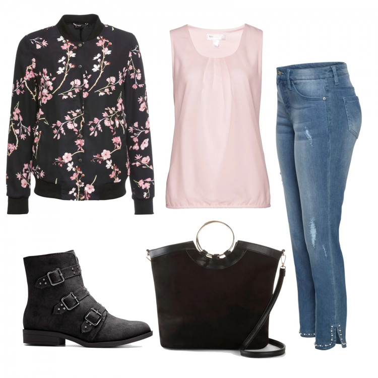 Outfit donna - Il bomber a fiori. Stile Casual chic per Tutti i giorni. Abbinamento con bomber, top, jeans skinny, borse a mano, stivaletti.