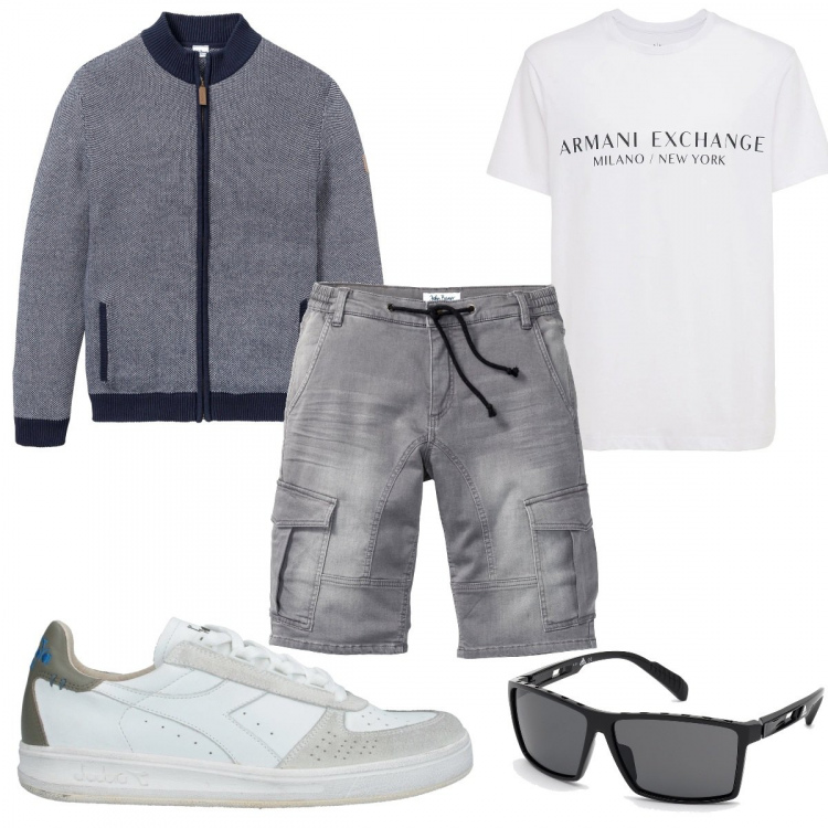 Outfit uomo - T-shirt ARMANI EXCHANGE. Stile Trendy per Tutti i giorni. Abbinamento con bermuda, cardigans, sneakers, occhiali da sole, t-shirt.