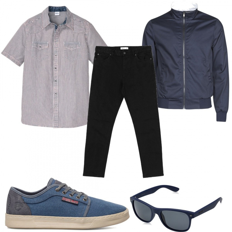 Outfit uomo - In blu ad aprile. Stile Casual per Tutti i giorni. Abbinamento con camicie a manica corta, giacche, jeans, sneakers, occhiali da sole.