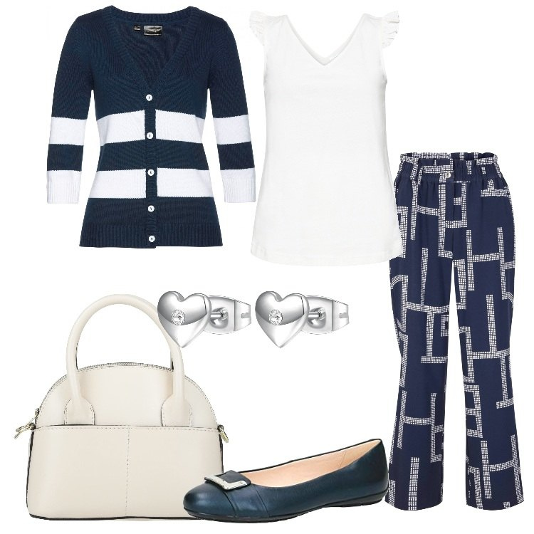 Outfit donna - Blu e bianco Bon Ton. Stile Bon Ton per Ufficio. Abbinamento con cardigans, top, pantaloni, borse a mano, orecchini, ballerine.