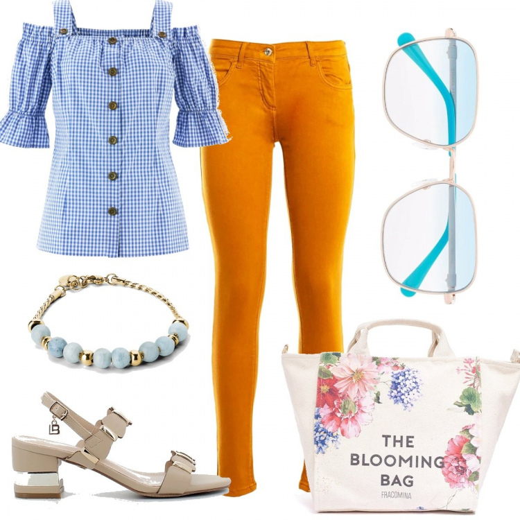 Outfit donna - #PranzoConAmico. Stile Trendy per Tutti i giorni. Abbinamento con camicie a manica corta, borse tote, pantaloni, braccialetti, occhiali da sole, sandali in pelle.