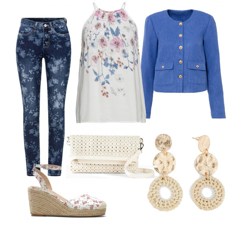 Outfit donna - Party floreale. Stile Trendy per Cerimonia. Abbinamento con top, orecchini, blazer, jeans, décolleté, borse a tracolla.