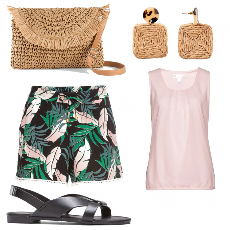 Outfit donna - Flwer party in spiaggia. Stile Glamour per Serata fuori. Abbinamento con sandali, top, shorts, borse a tracolla, orecchini.