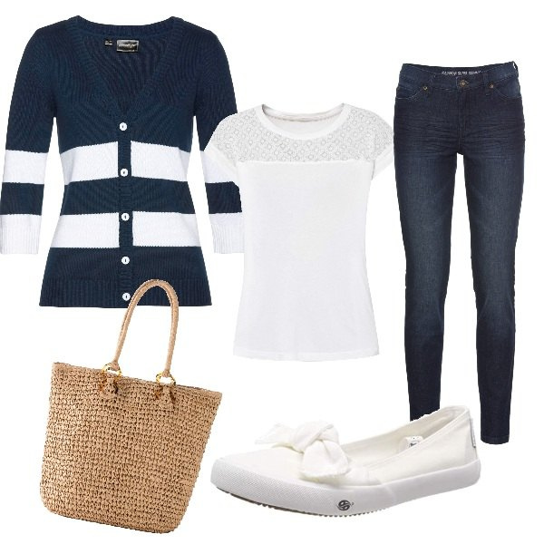 Outfit donna - Bon ton contemporaneo. Stile Bon Ton per Scuola/Università. Abbinamento con cardigans, maglieria, jeans skinny, shopping bag, ballerine.
