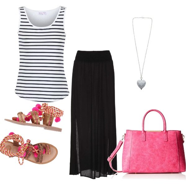 Outfit donna - Estate. Stile Urban per Tutti i giorni. Abbinamento con gonne lunghe, infradito, top bianco, borsa a mano in pelle rosa, collana in con murano argento.