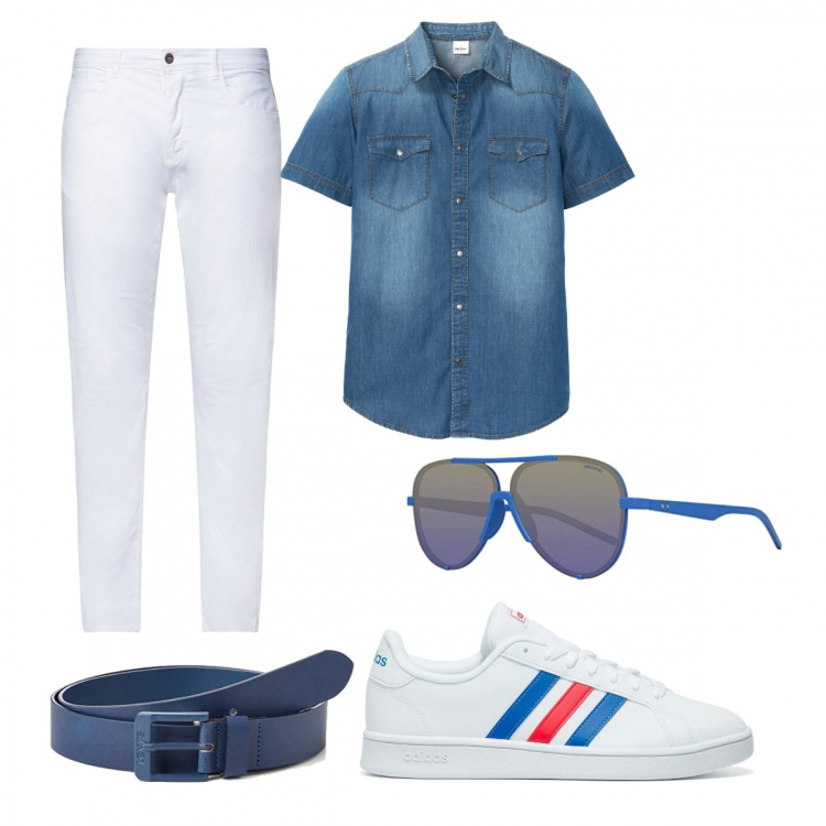 Outfit uomo - La camicia Denim. Stile Trendy per Tutti i giorni. Abbinamento con pantaloni, camicie a manica corta, sneakers, occhiali da sole, cinture.