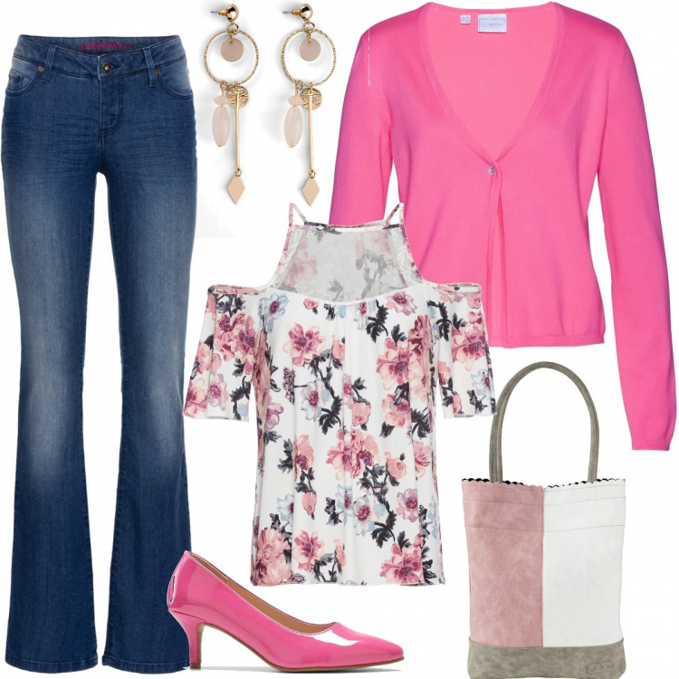 Outfit donna - Flora. Stile Bon Ton per Tutti i giorni. Abbinamento con jeans bootcut, orecchini, maglieria, cardigans, shopping bag, décolleté.